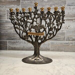 Vintage Godinger Silver Plate Tree of Life Menorah Happy Channukah Gold Tone
